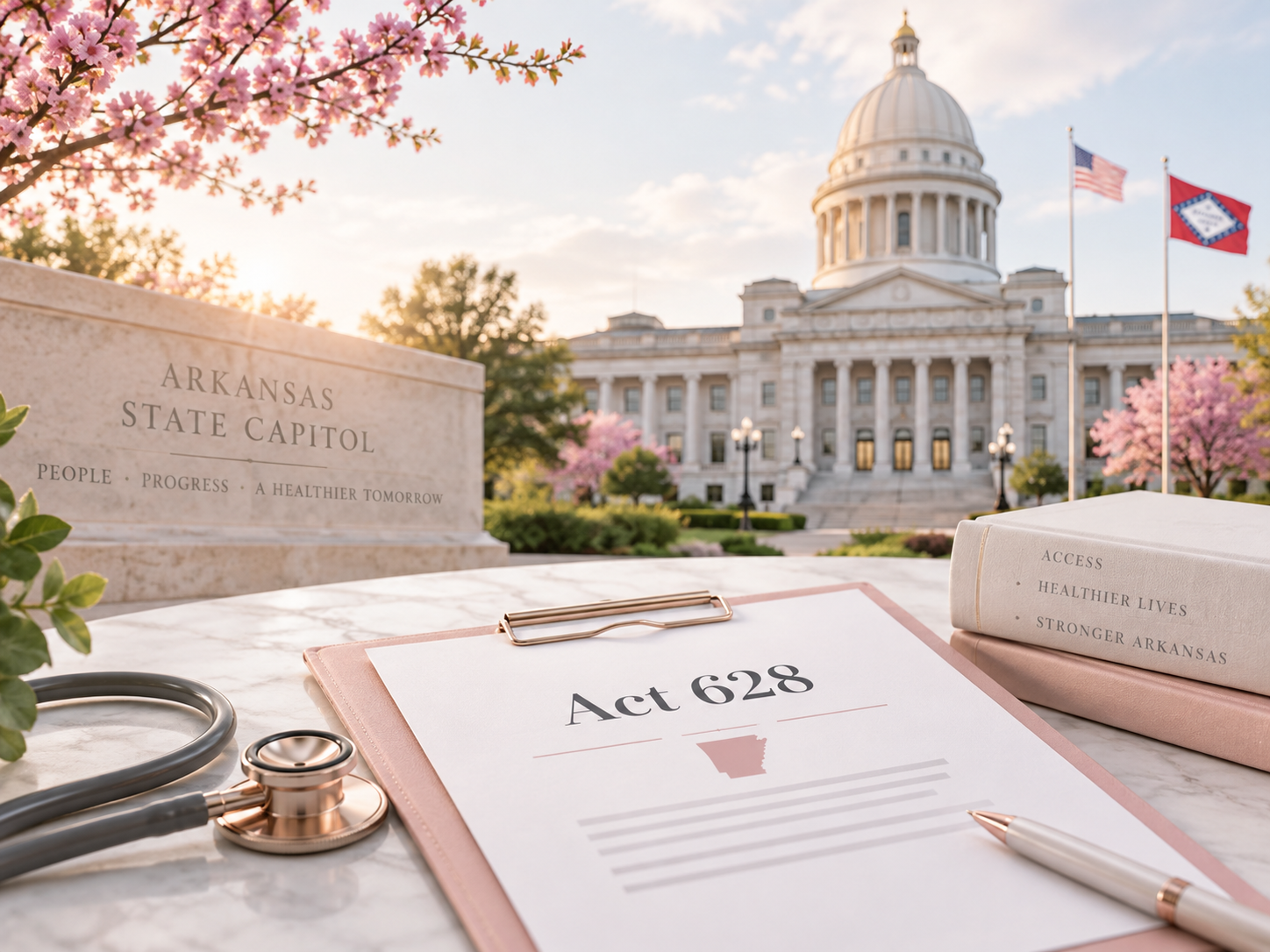 Arkansas State Capitol building with ACT 628 text overlay