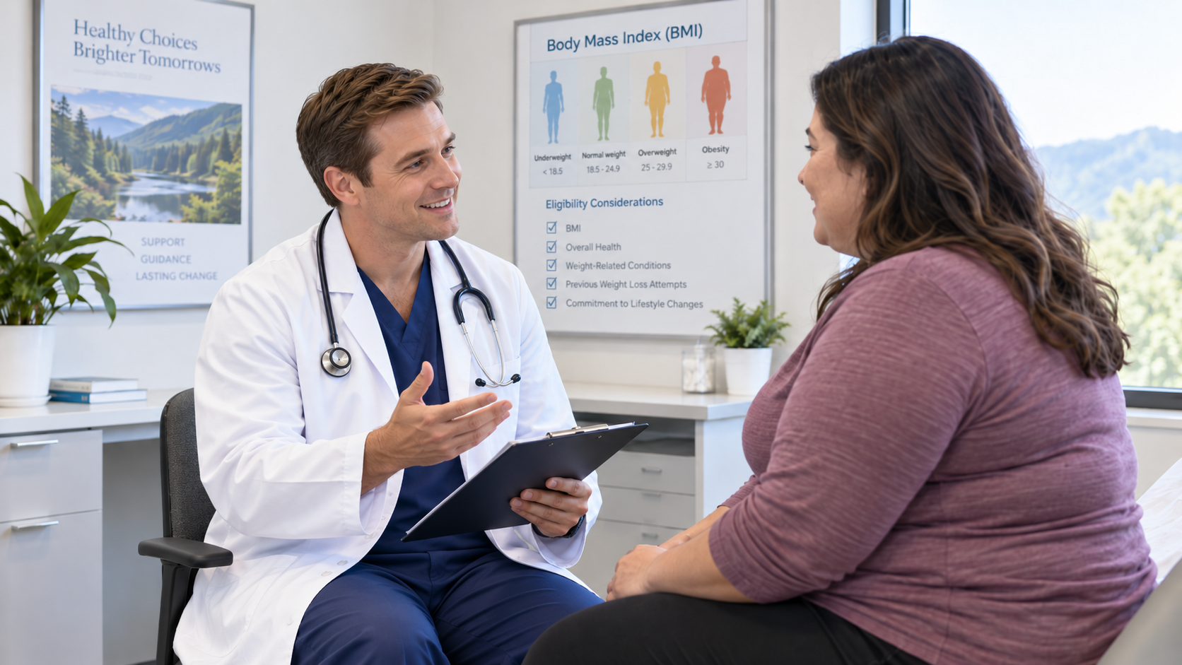 Physician discussing bariatric surgery eligibility and BMI requirements with a patient